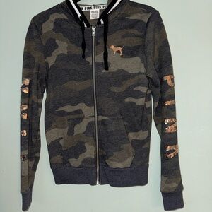 Victoria's Secret PINK Camouflage Sequin Full Zip Hoodie Green Black Gray XS